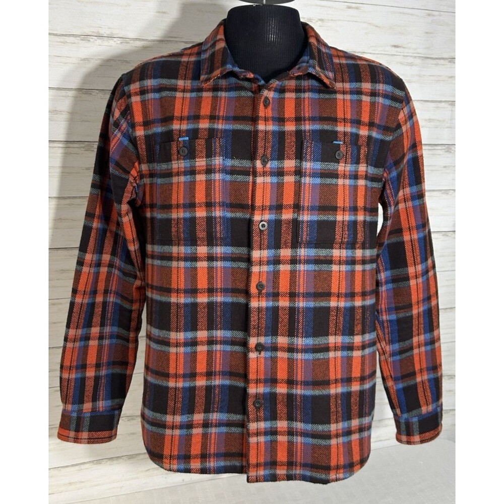 COTOPAXI Size MEDIUM Mens Orange Blue Plaid Flannel Button Shirt Long Sleeve